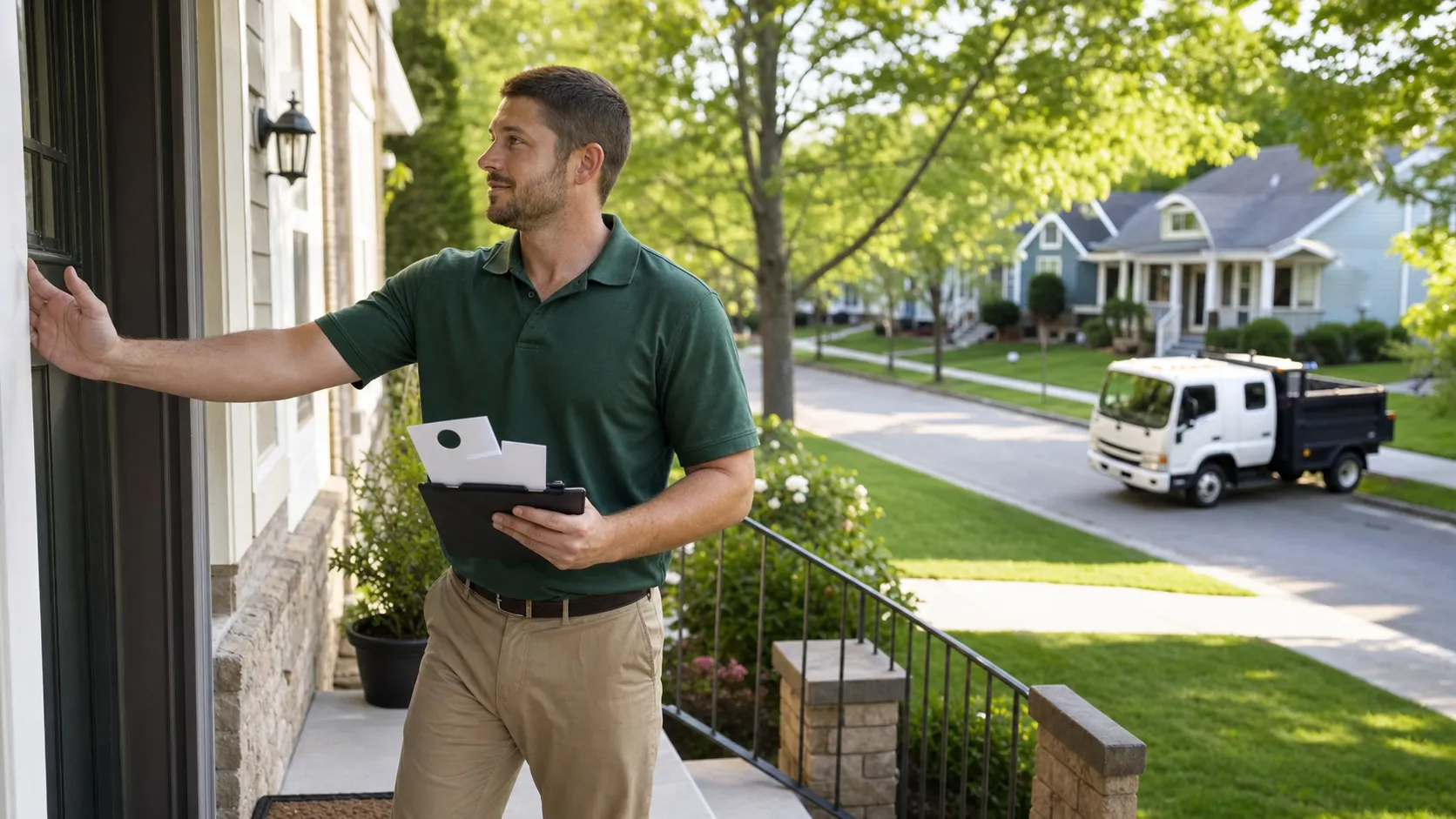 A local service operator knocking on a front door with door hangers